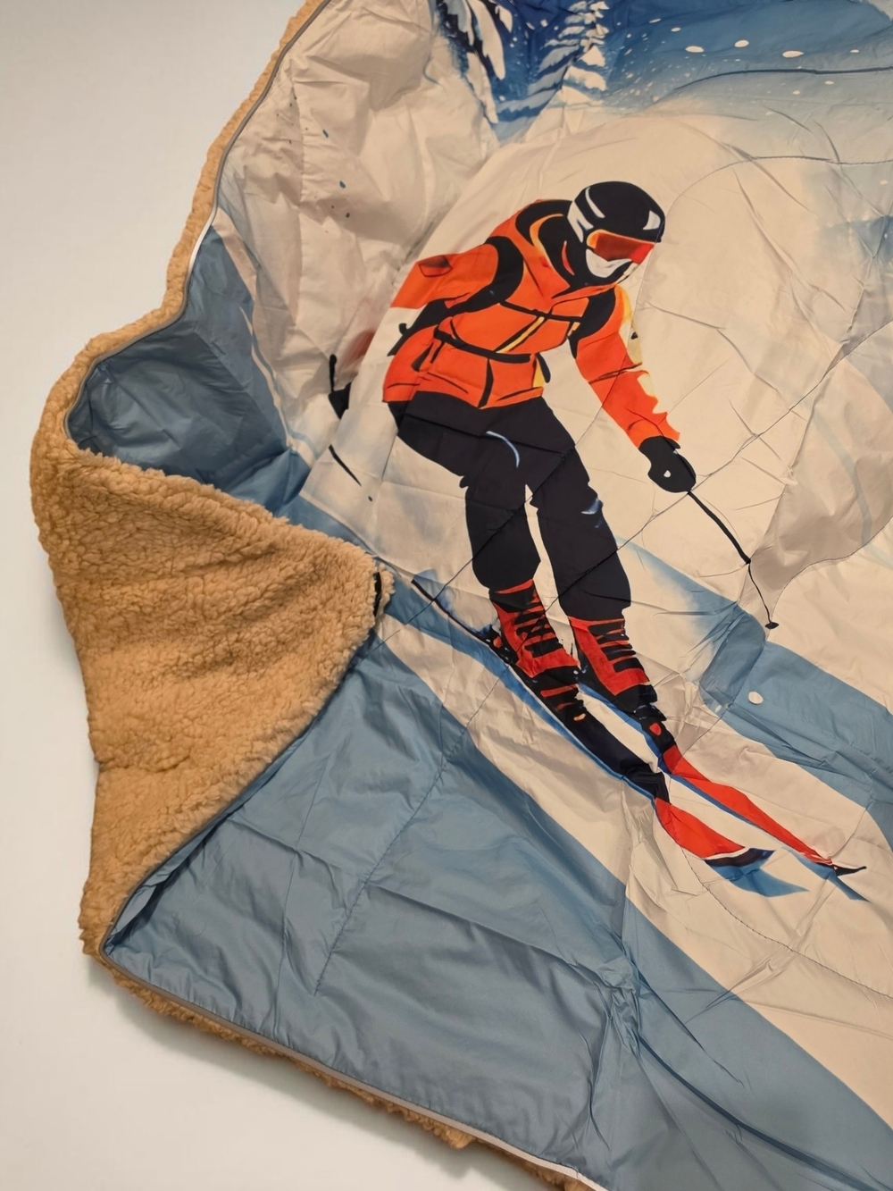 Sherpa Lined Skier Print Blanket w/ Case, Built-In Pocket & Sleepmask Incl. NEW!